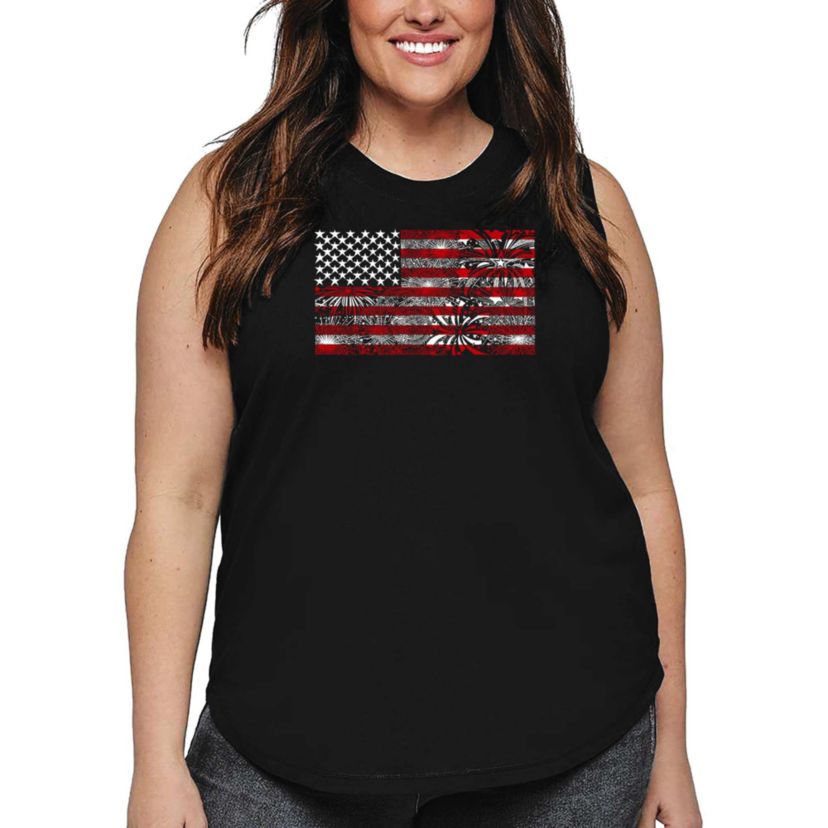 Womens Plus Size Word Art Tank Top - Fireworks American Flag