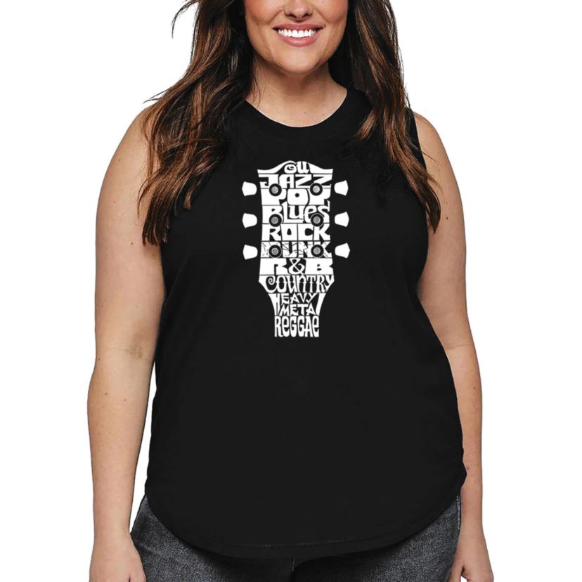 Womens Plus Size Word Art Tank Top - Guitar Head Music Genres