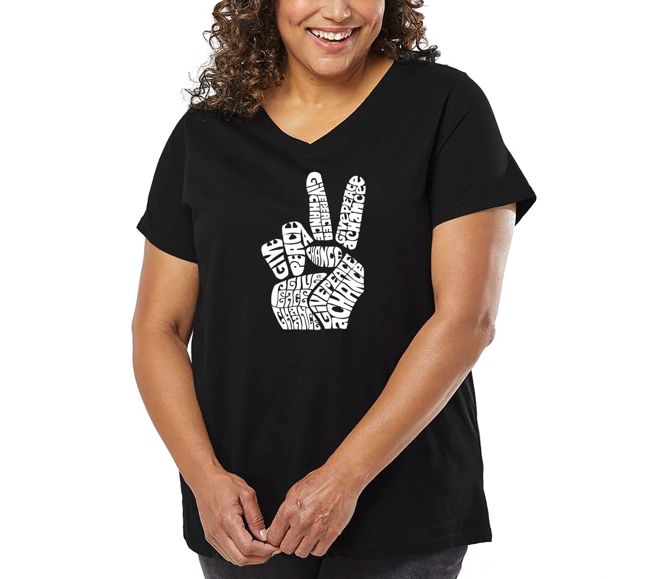 Womens Plus Size Word Art V-Neck - PEACE FINGERS