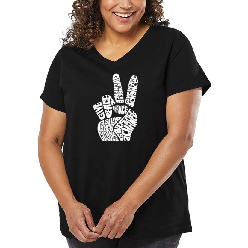 Womens Plus Size Word Art V-Neck - PEACE FINGERS