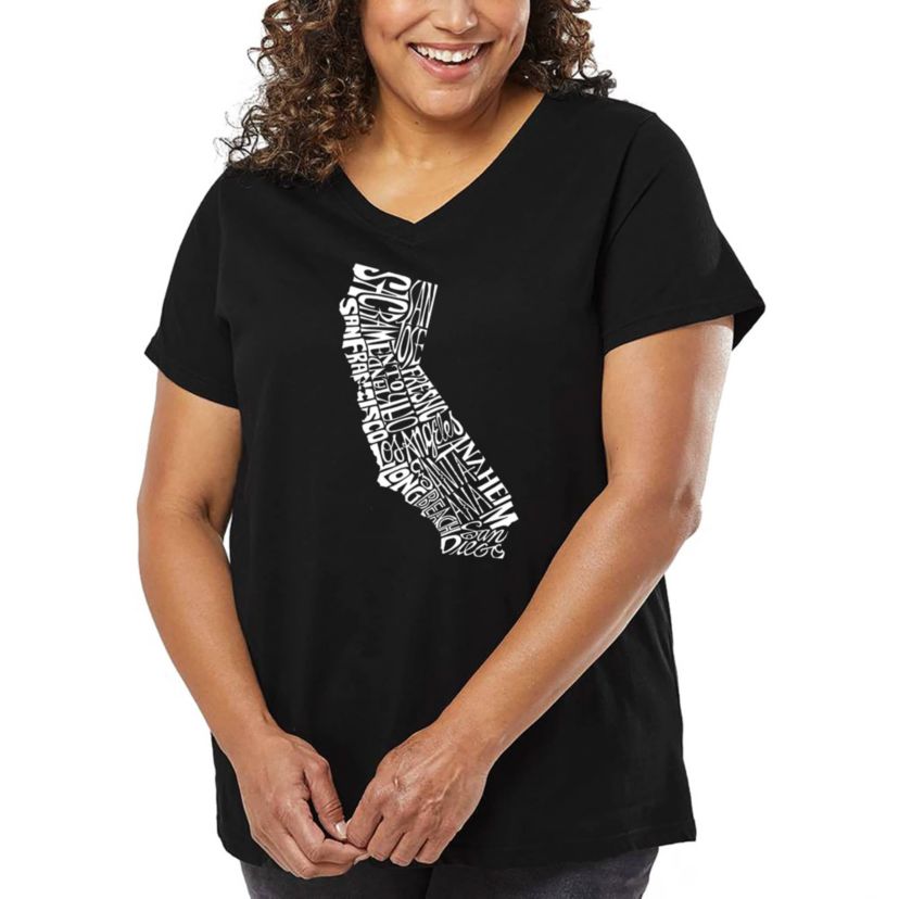 Womens Plus Size Word Art V-Neck - California State