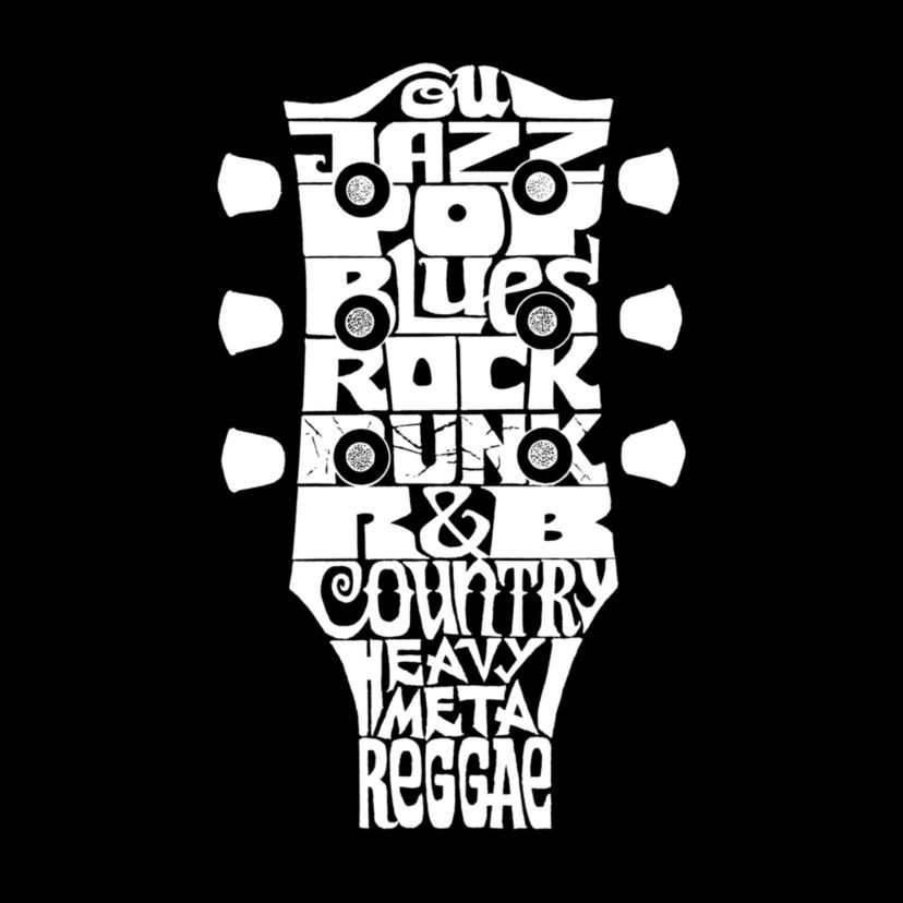 Womens Plus Size Word Art T-shirt - Guitar Head Music Genres