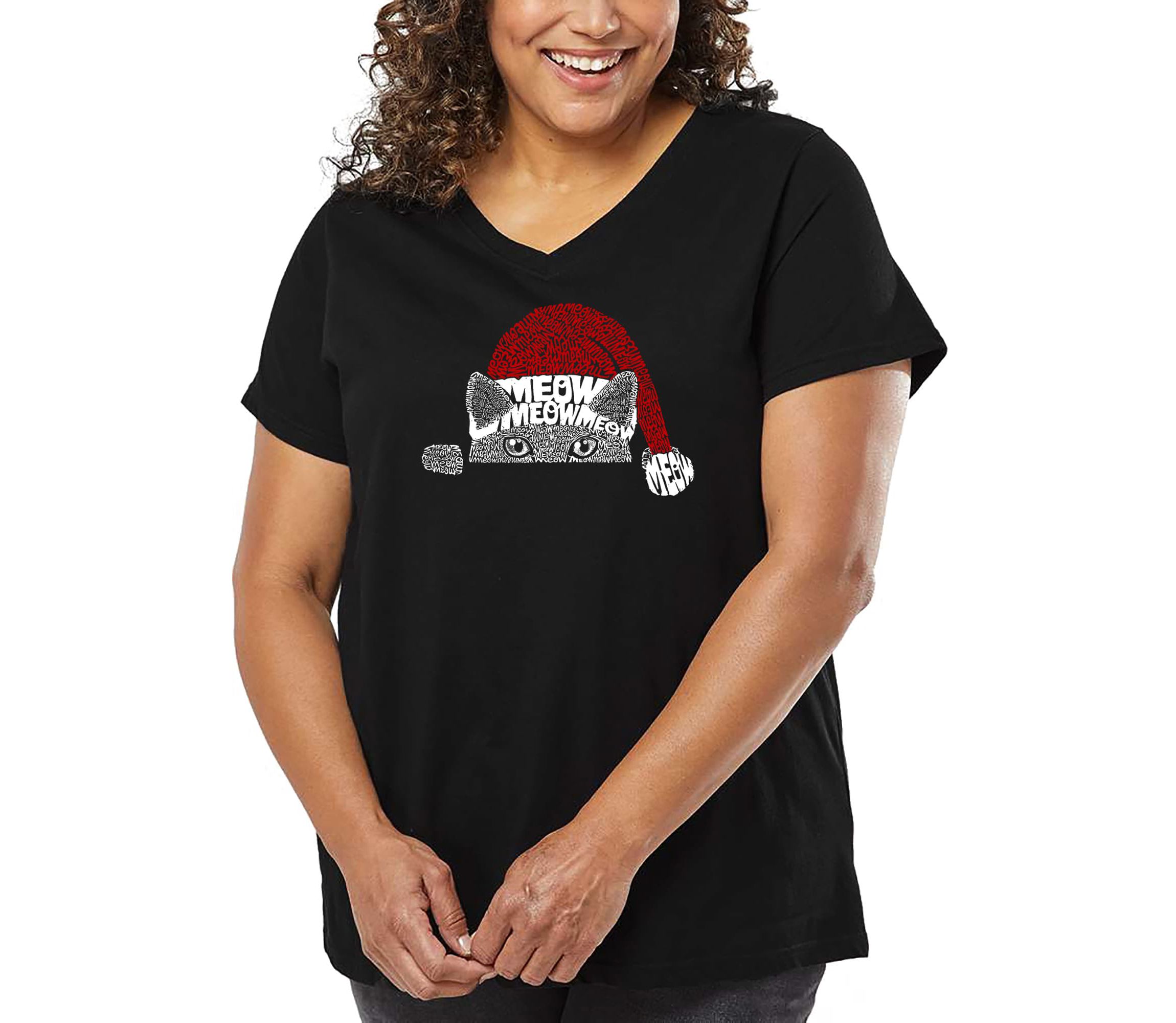 Christmas Peeking Cat - Womens Plus Size Word Art V-Neck