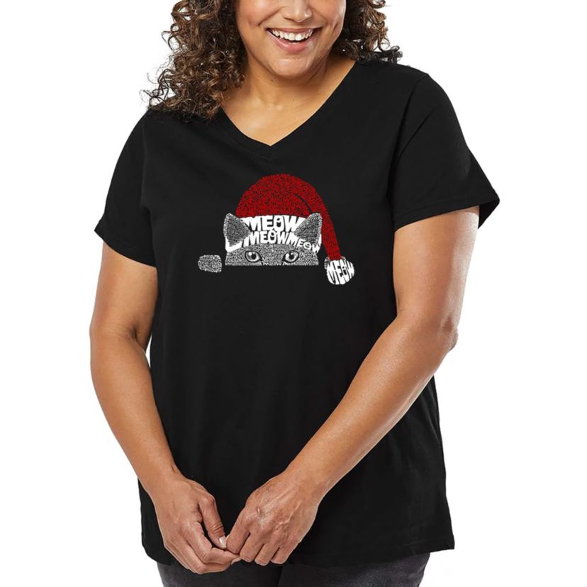 Christmas Peeking Cat - Womens Plus Size Word Art V-Neck