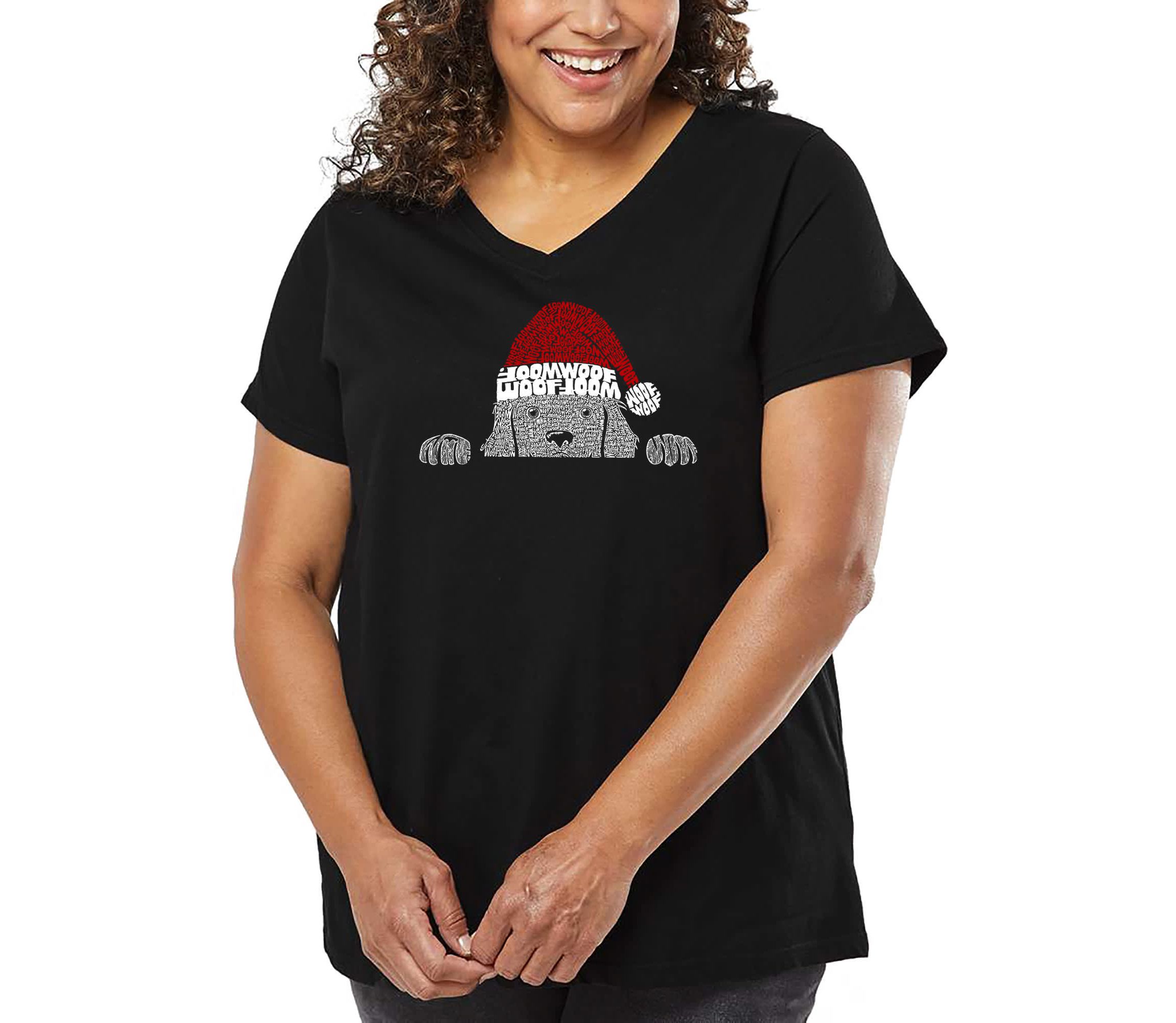 Christmas Peeking Dog - Womens Plus Size Word Art V-Neck