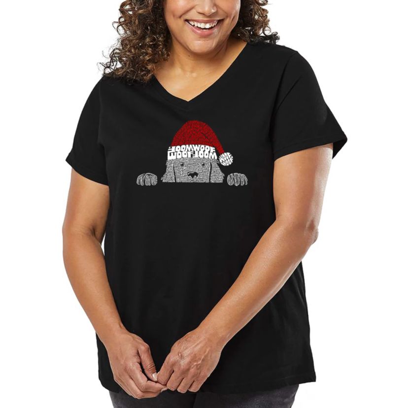 Christmas Peeking Dog - Womens Plus Size Word Art V-Neck