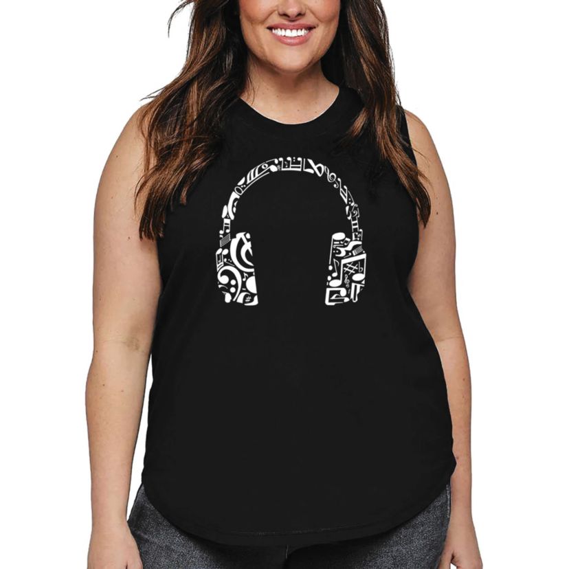 Womens Plus Size Word Art Tank Top - Music Note Headphones
