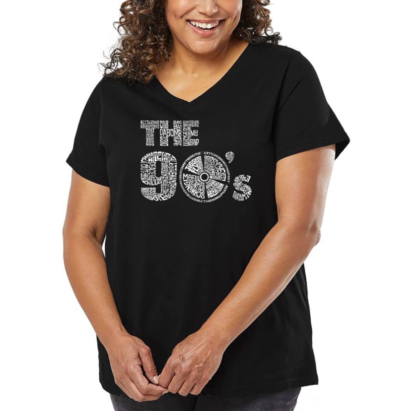 Womens Plus Size Word Art V-Neck - 90S