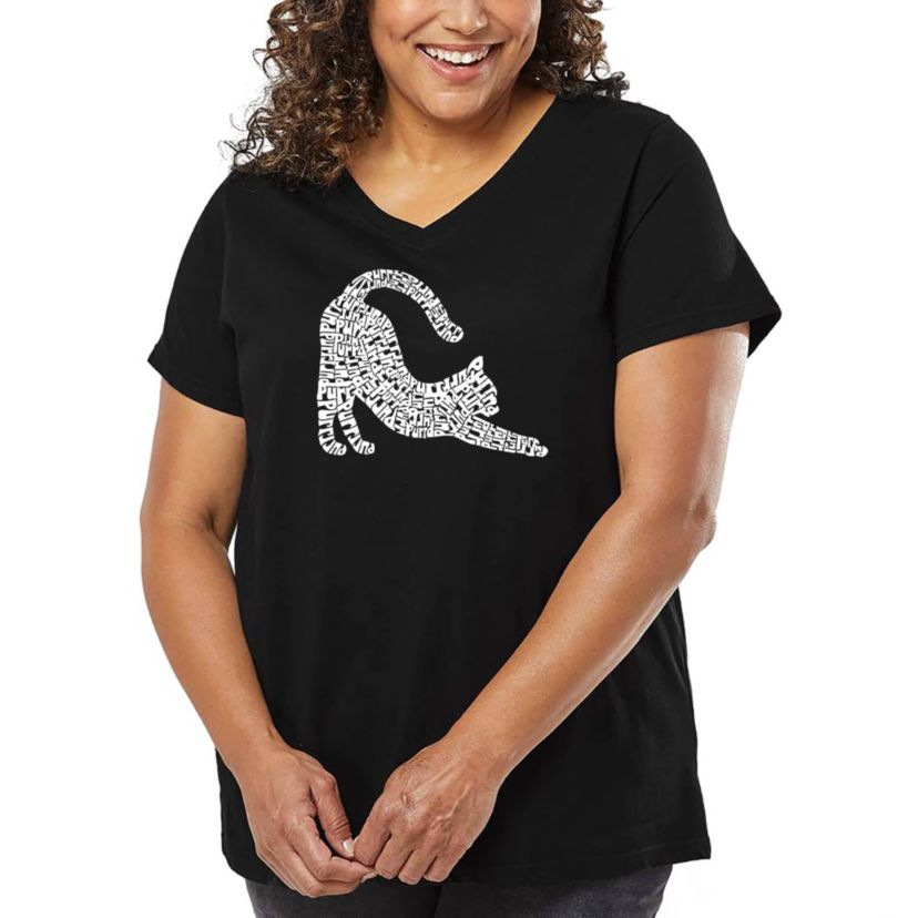 Stretching Cat - Womens Plus Size Word Art V-Neck