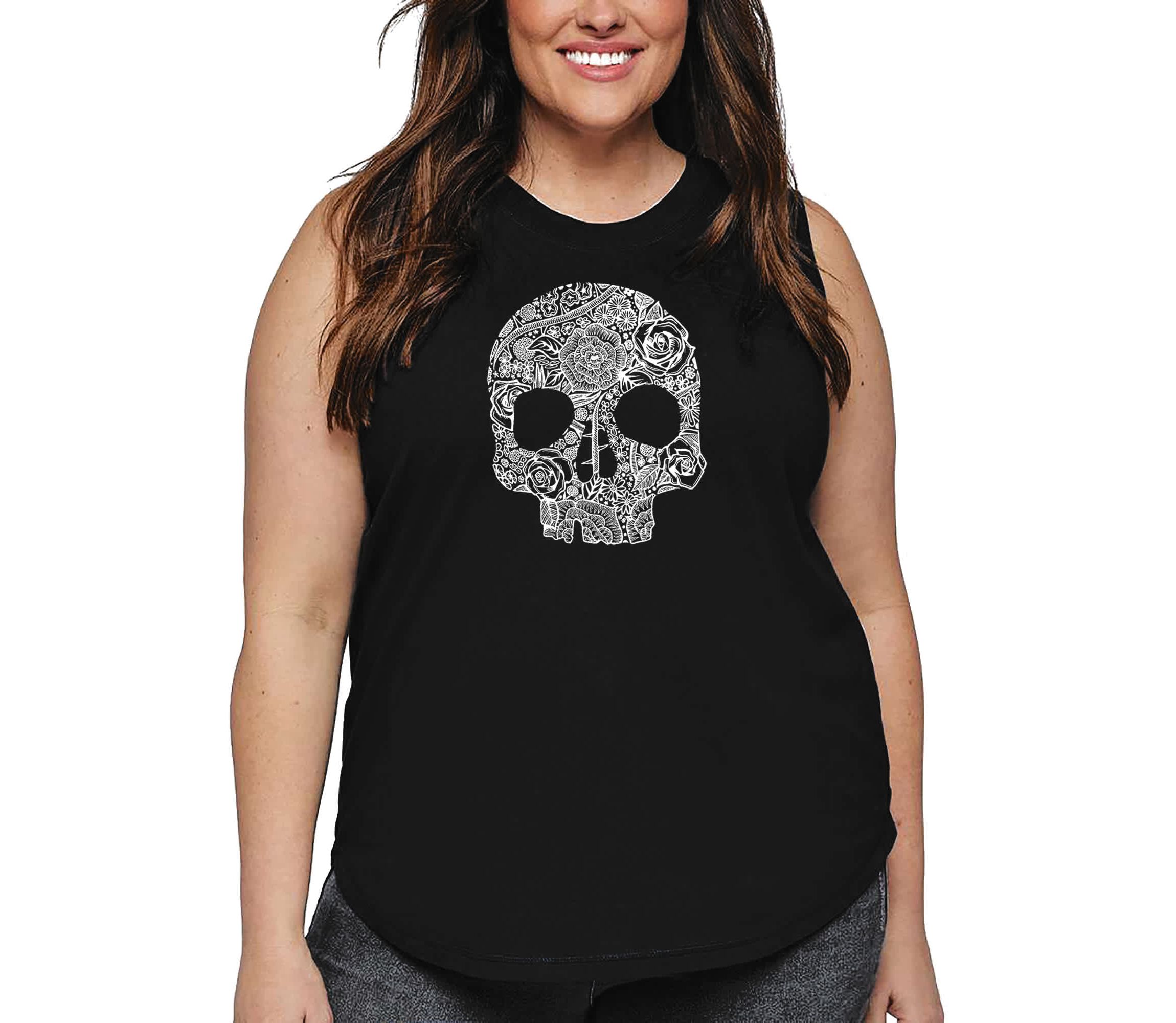Womens Plus Size Word Art Tank Top - Flower Skull