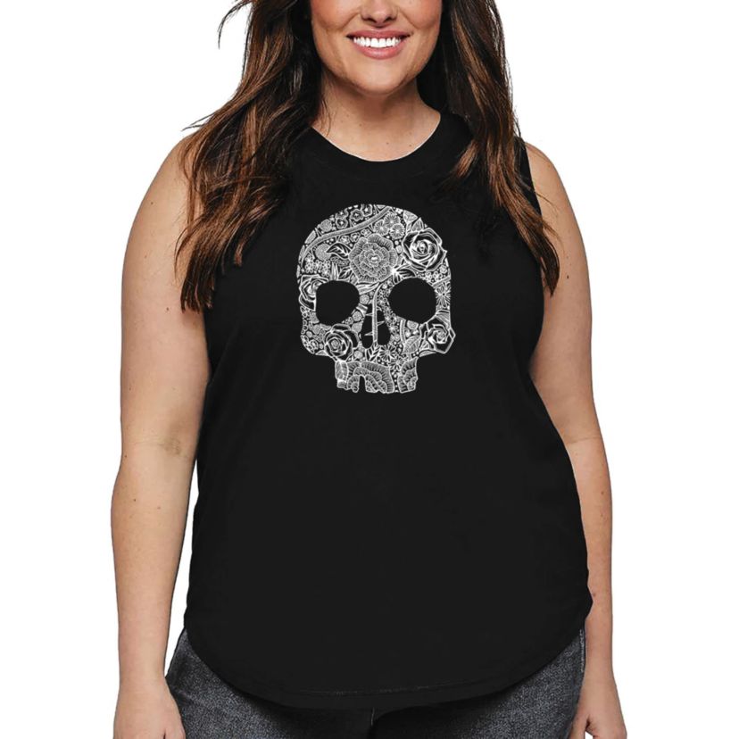 Womens Plus Size Word Art Tank Top - Flower Skull
