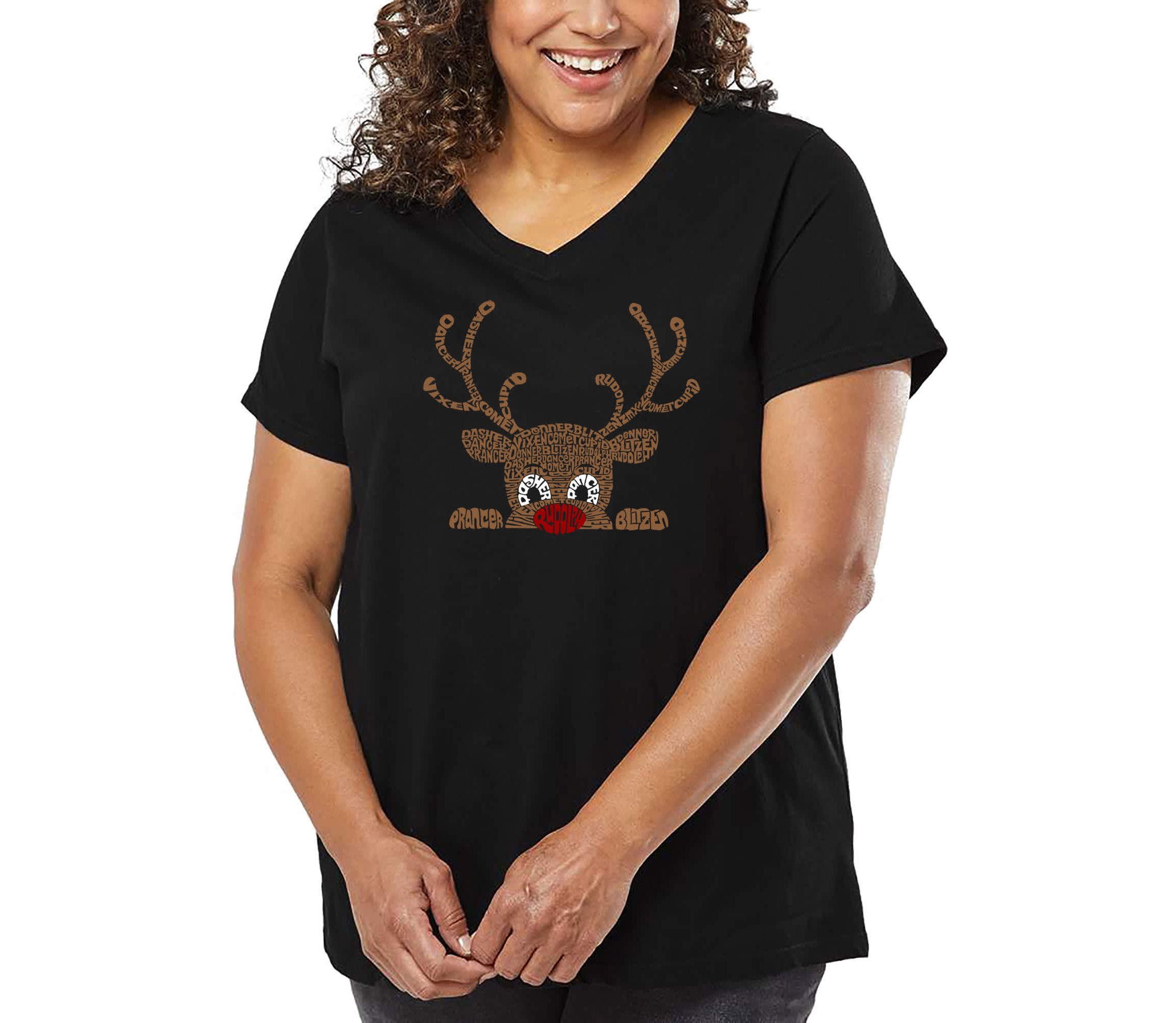 Peeking Reindeer - Womens Plus Size Word Art V-Neck