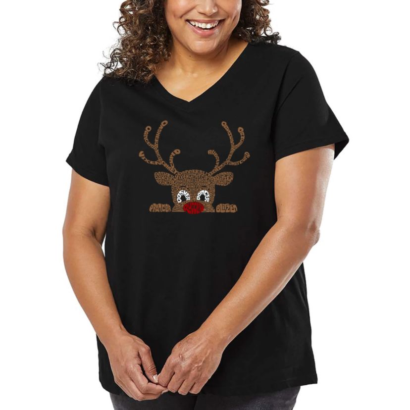 Peeking Reindeer - Womens Plus Size Word Art V-Neck