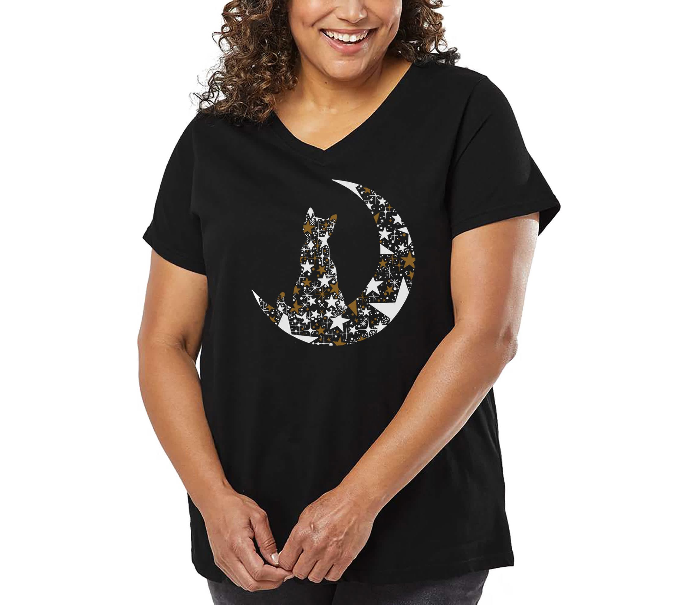 Cat Sitting On Moon - Womens Plus Size Word Art V-Neck