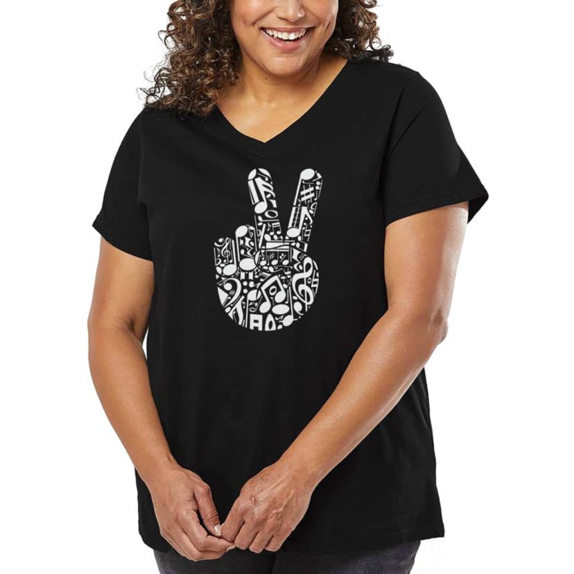 Peace Finger Notes - Womens Plus Size Word Art V-Neck