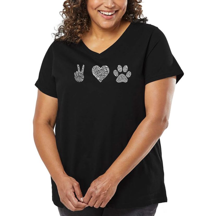 Womens Plus Size Word Art V-Neck - Peace Love Dogs