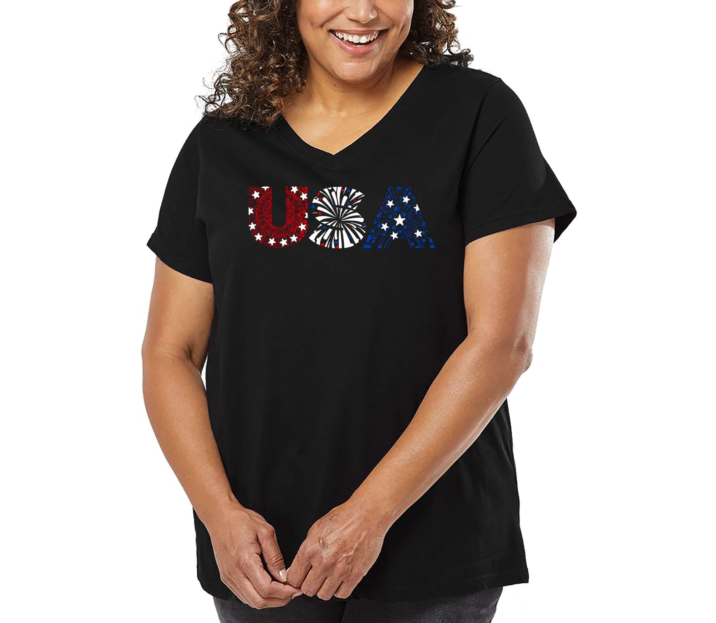 USA Fireworks - Womens Plus Size Word Art V-Neck