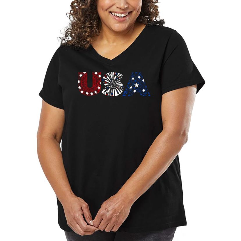 USA Fireworks - Womens Plus Size Word Art V-Neck
