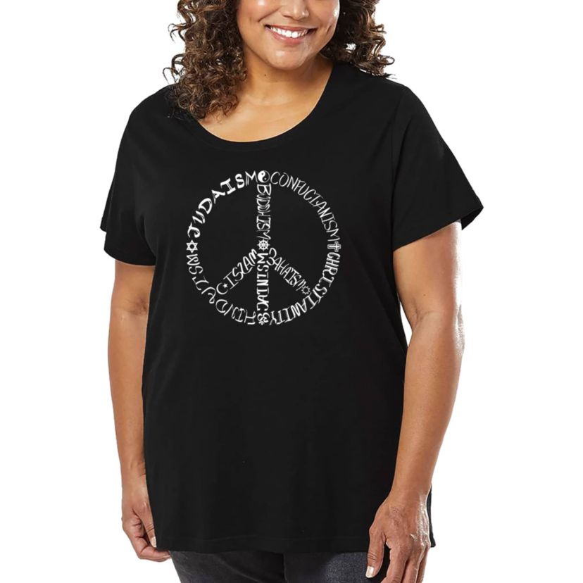 Womens Plus Size Word Art T-shirt - Different Faiths peace sign