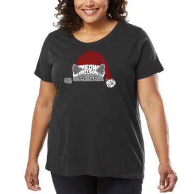 LA Pop Art Christmas Peeking Cat - Women's Plus Size Word Art T-Shirt, Grey, 4X