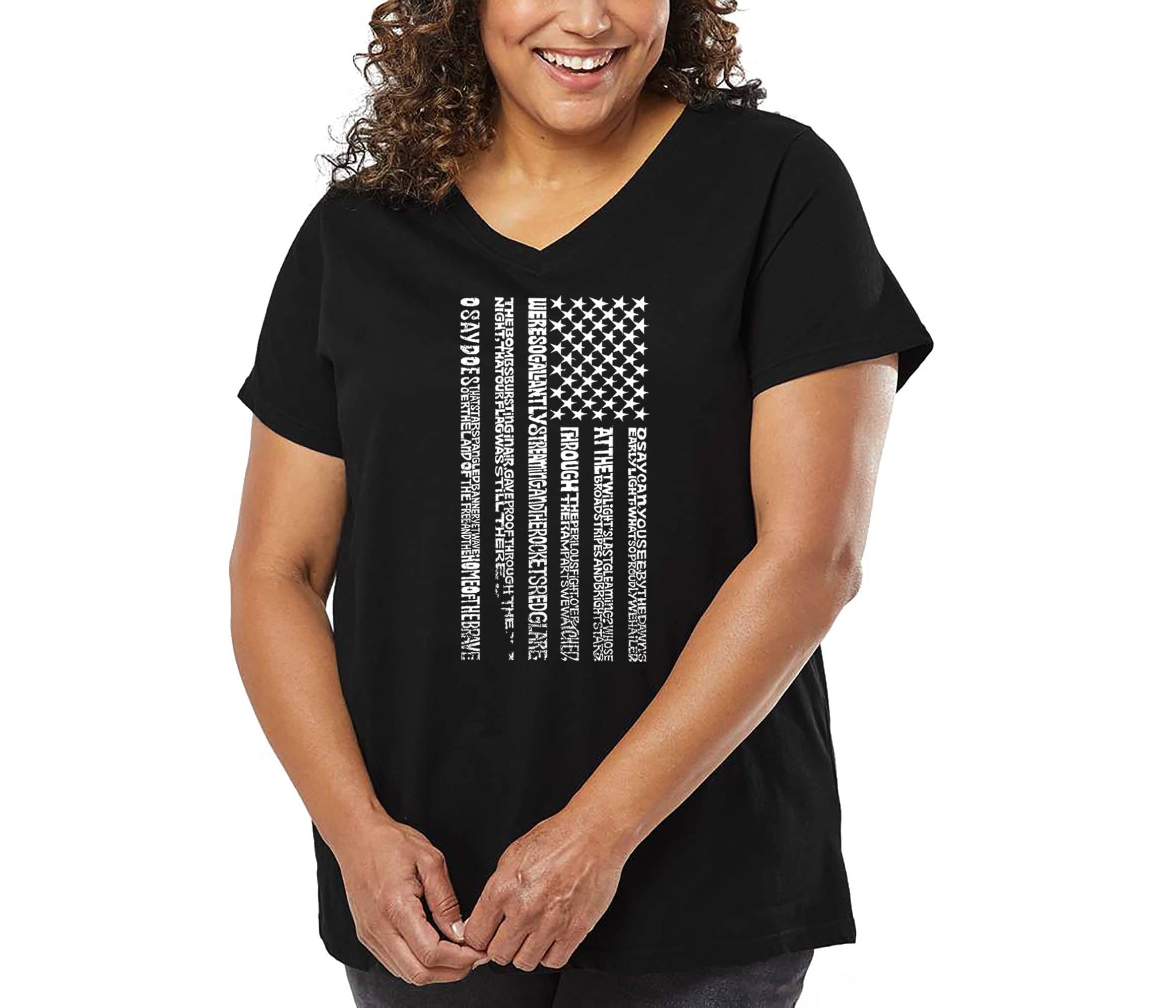 Womens Plus Size Word Art V-Neck - National Anthem Flag