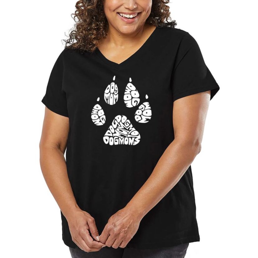 Womens Plus Size Word Art V-Neck - Dog Mom