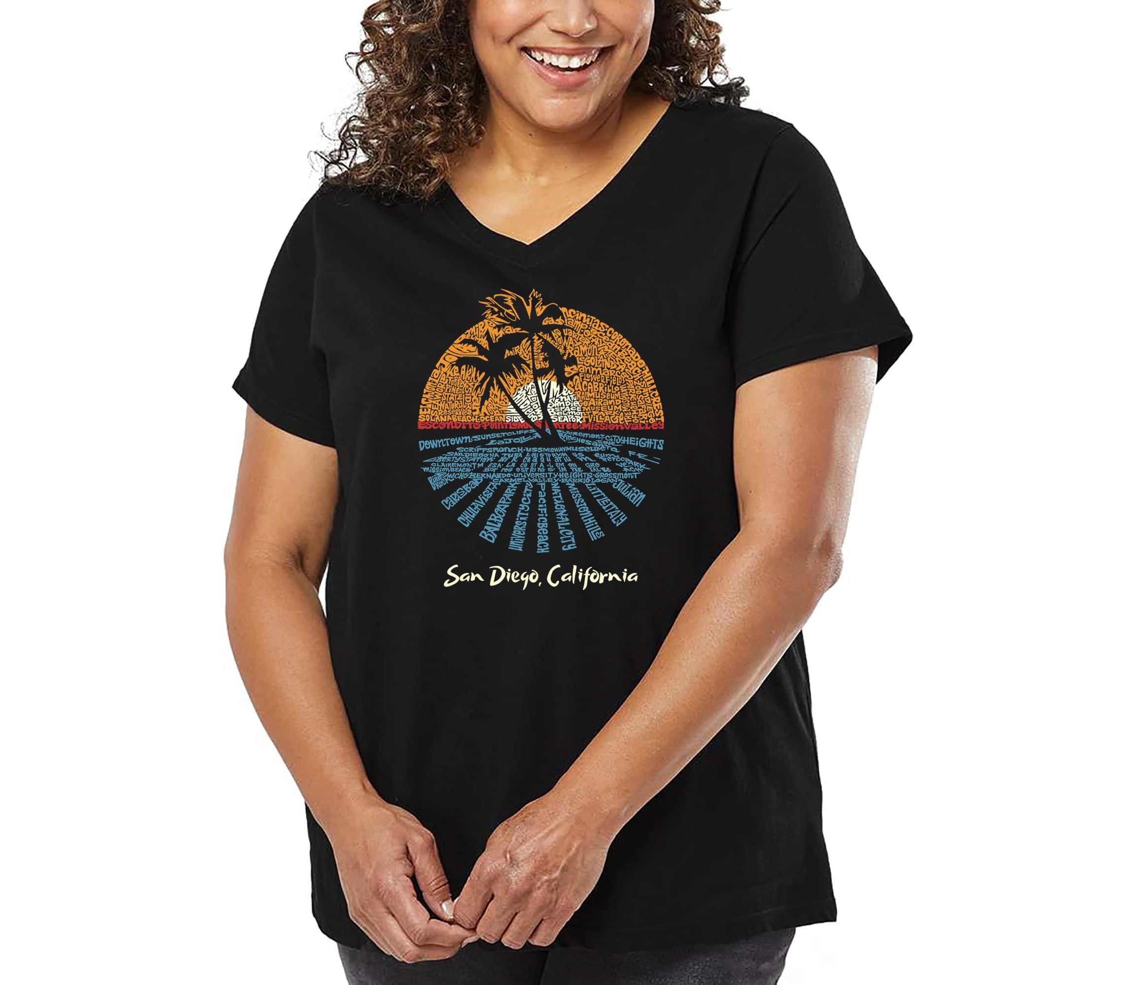 Womens Plus Size Word Art V-Neck - Cities In San Diego