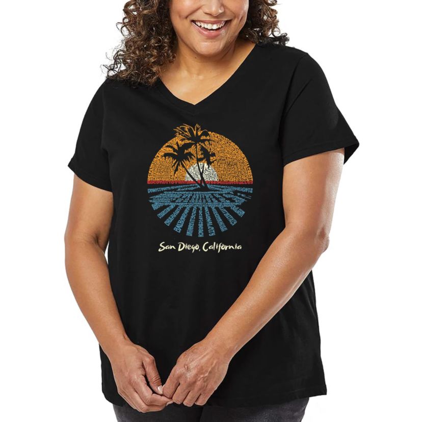 Womens Plus Size Word Art V-Neck - Cities In San Diego