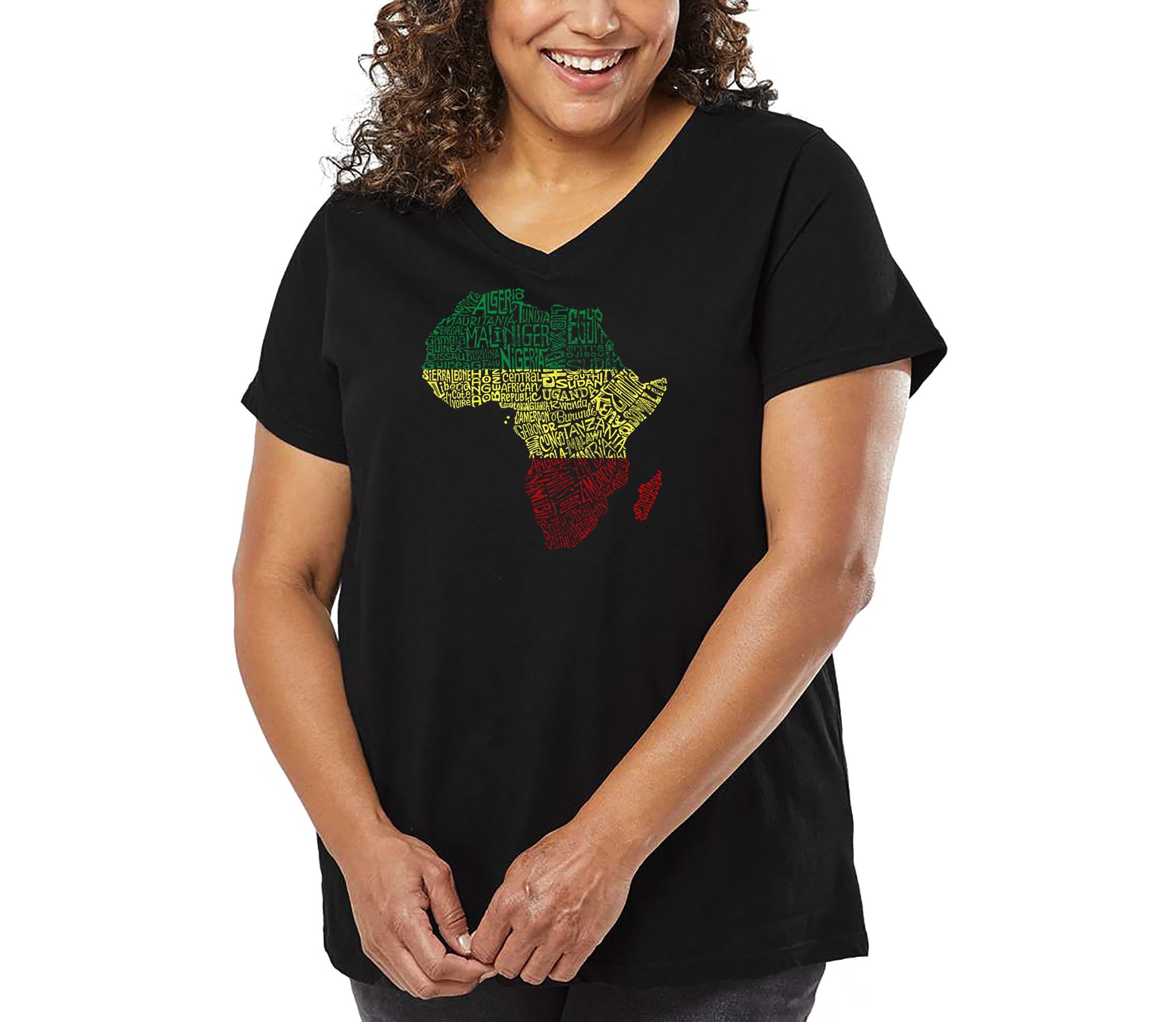 Womens Plus Size Word Art V-Neck - Countries in Africa