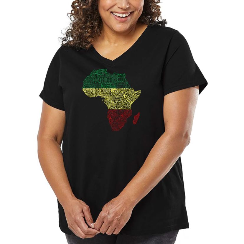 Womens Plus Size Word Art V-Neck - Countries in Africa