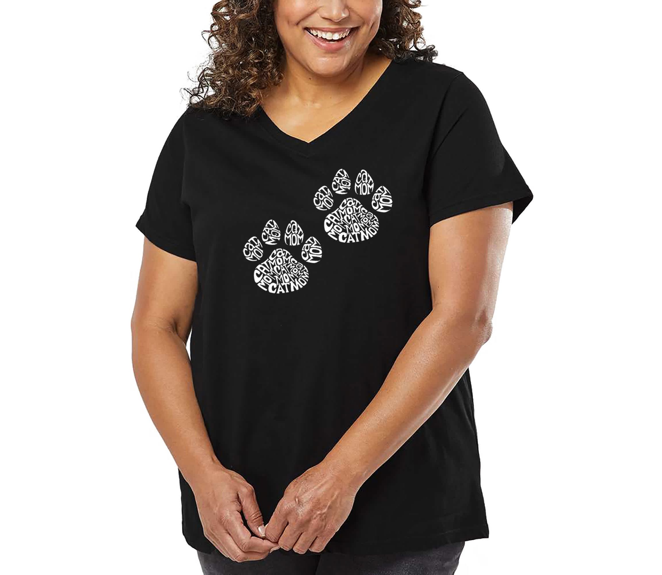 Womens Plus Size Word Art V-Neck - Cat Mom