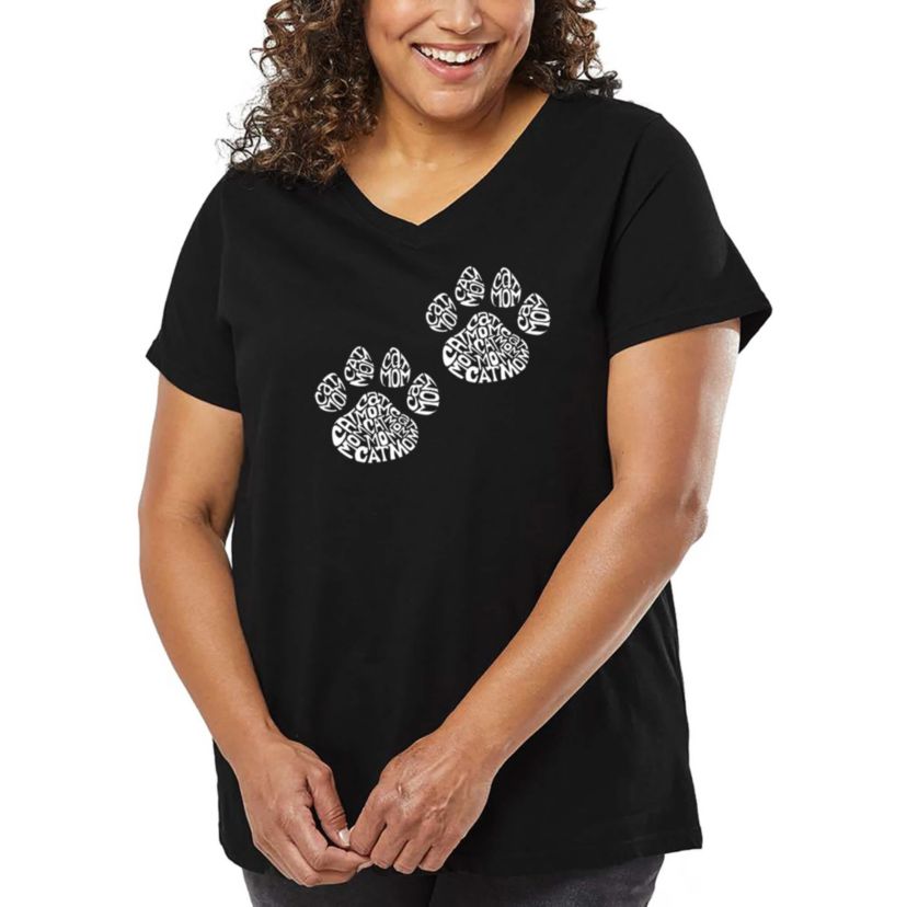 Womens Plus Size Word Art V-Neck - Cat Mom