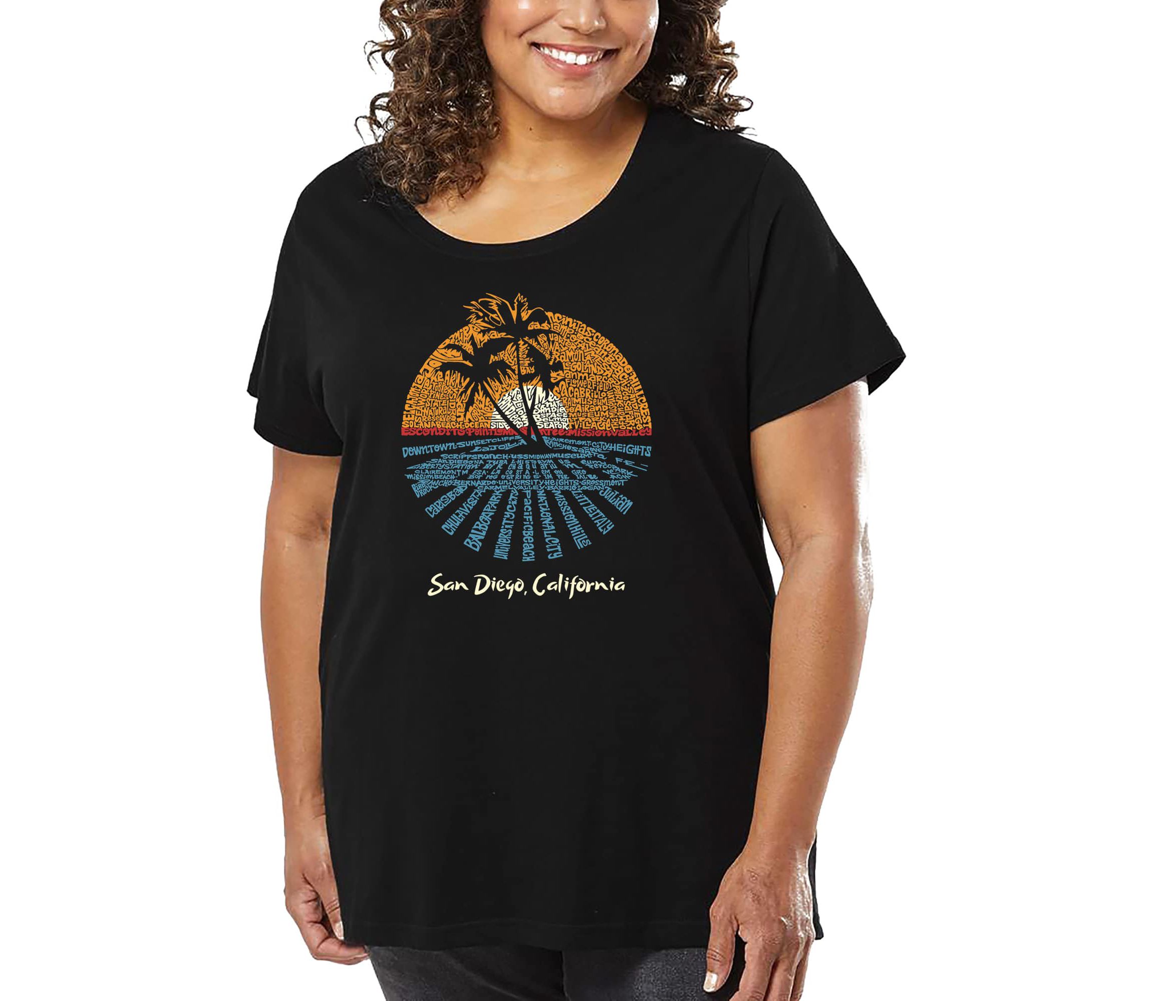 Womens Plus Size Word Art T-shirt - Cities In San Diego