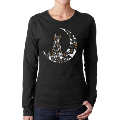 LA Pop Art Cat Sitting On Moon - Women's Word Art Long Sleeve T-Shirt, Black, 3XL