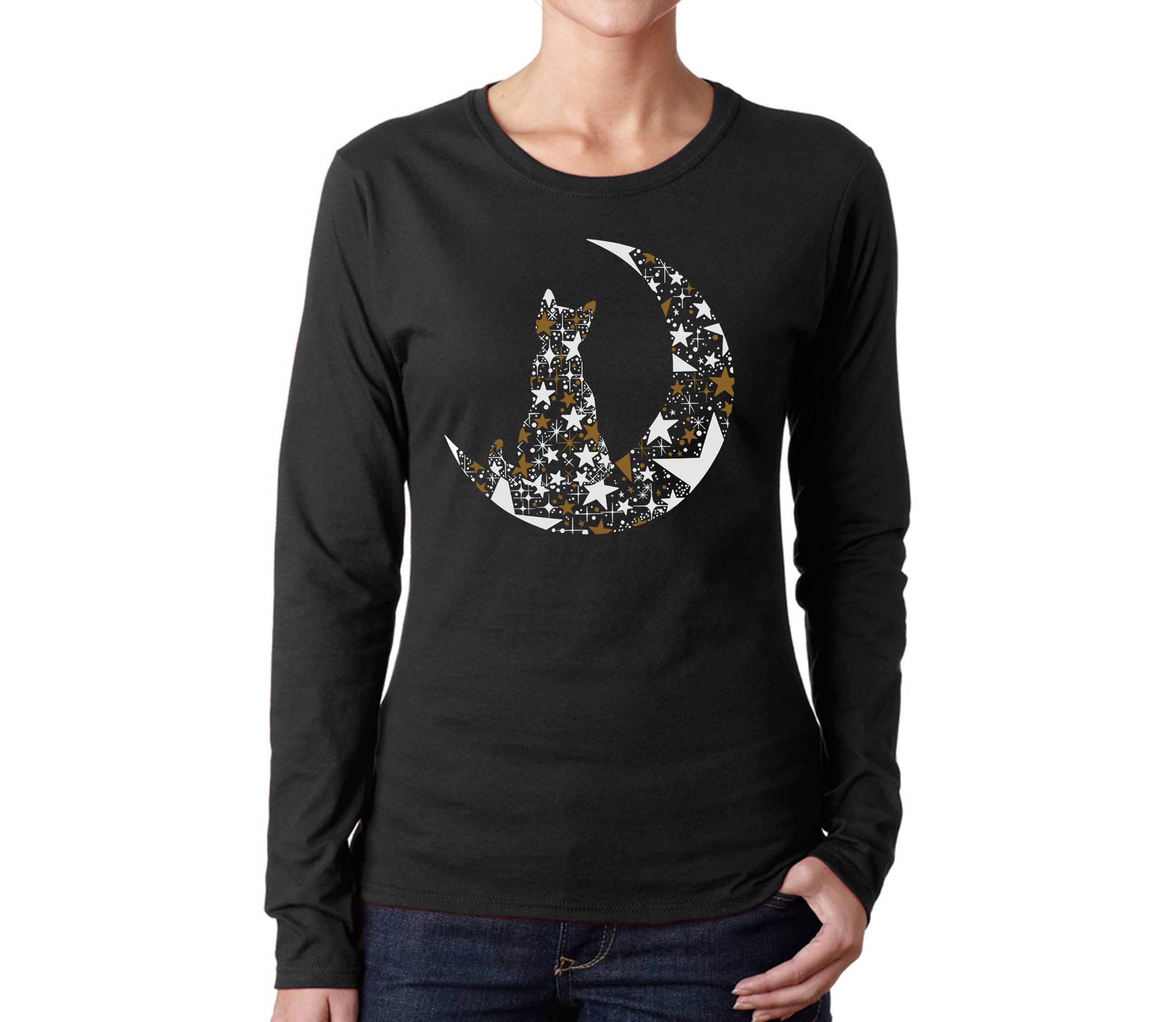 Cat Sitting On Moon - Womens Word Art Long Sleeve T-Shirt