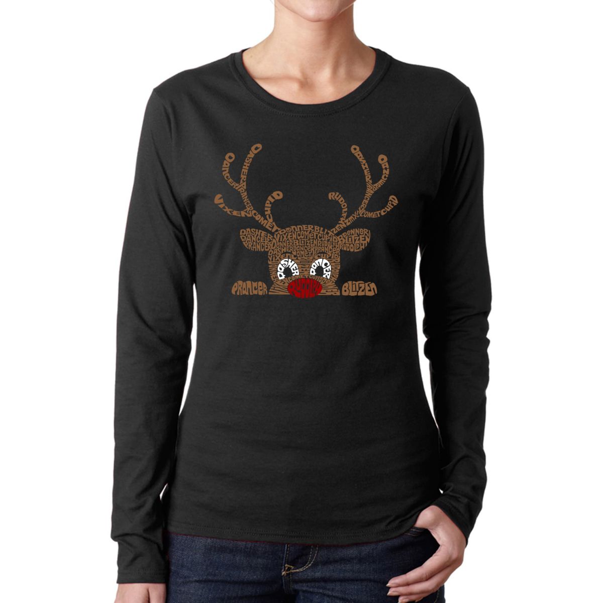Peeking Reindeer - Womens Word Art Long Sleeve T-Shirt