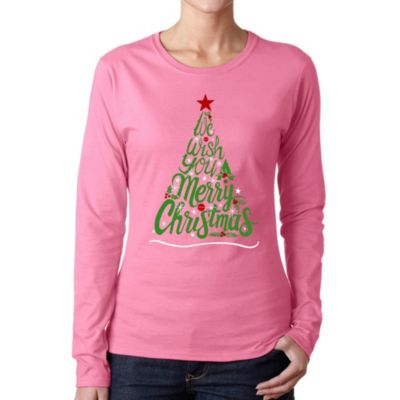 LA Pop Art We Wish You A Merry Christmas - Women's Word Art Long Sleeve T-Shirt, Pink, 3XL