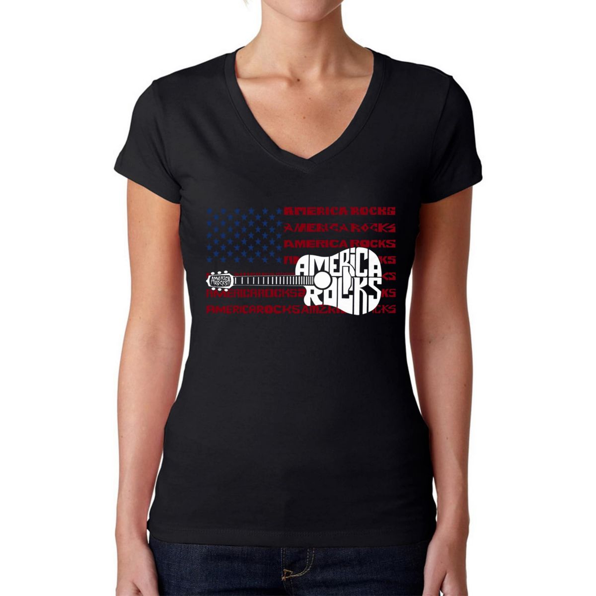 America Rocks - Womens Word Art V-Neck T-Shirt
