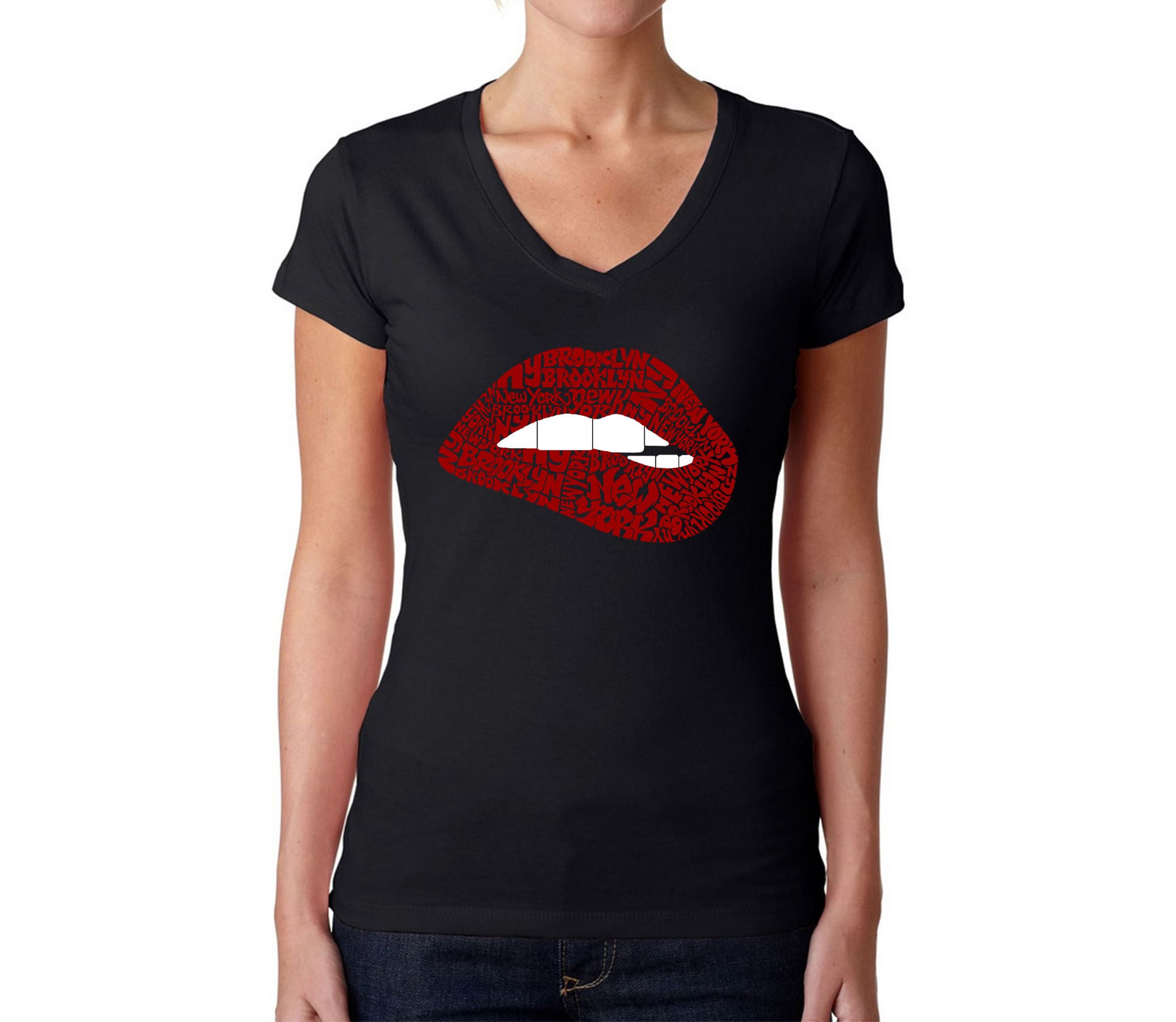 Brooklyn Lips - Womens Word Art V-Neck T-Shirt
