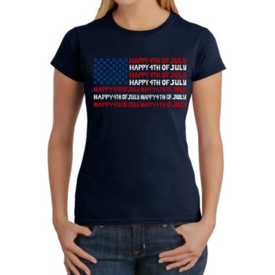 LA Pop Art Happy 4th of July - Women's Word Art T-Shirt, Navy Blue, XS