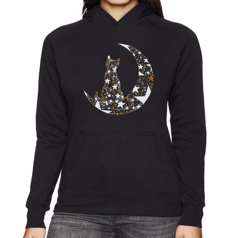 Cat Sitting On Moon - Womens Word Art Hooded Sweatshirt