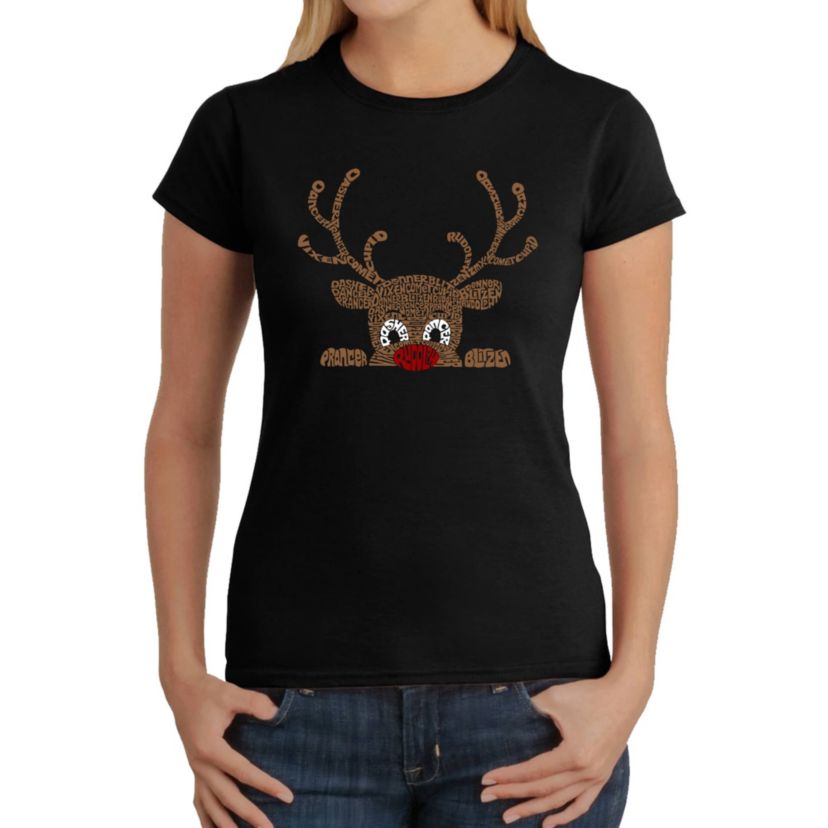Peeking Reindeer - Womens Word Art T-Shirt