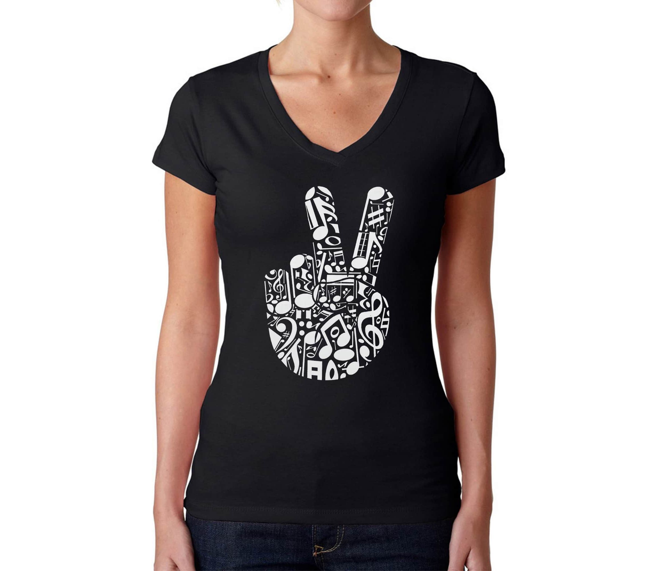 Peace Finger Notes - Womens Word Art V-Neck T-Shirt