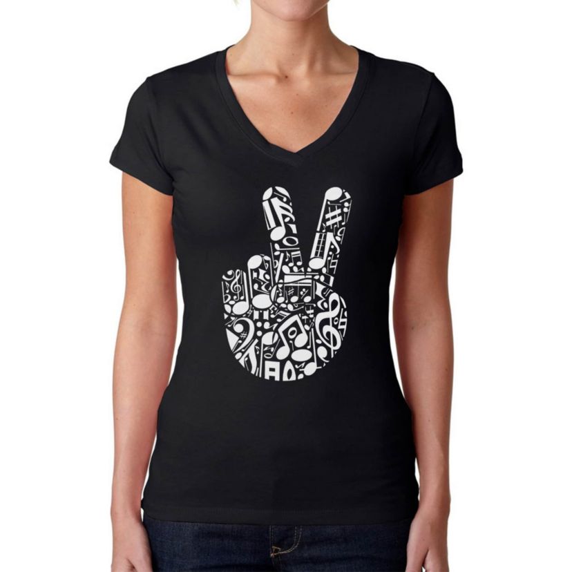Peace Finger Notes - Womens Word Art V-Neck T-Shirt