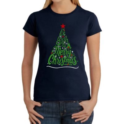 LA Pop Art We Wish You A Merry Christmas - Women's Word Art T-Shirt, Navy Blue, XS