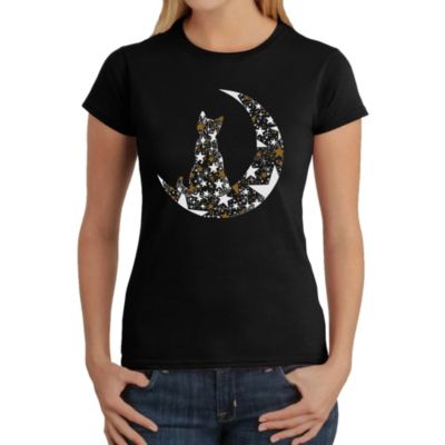 LA Pop Art Cat Sitting On Moon - Women's Word Art T-Shirt, Black, XS