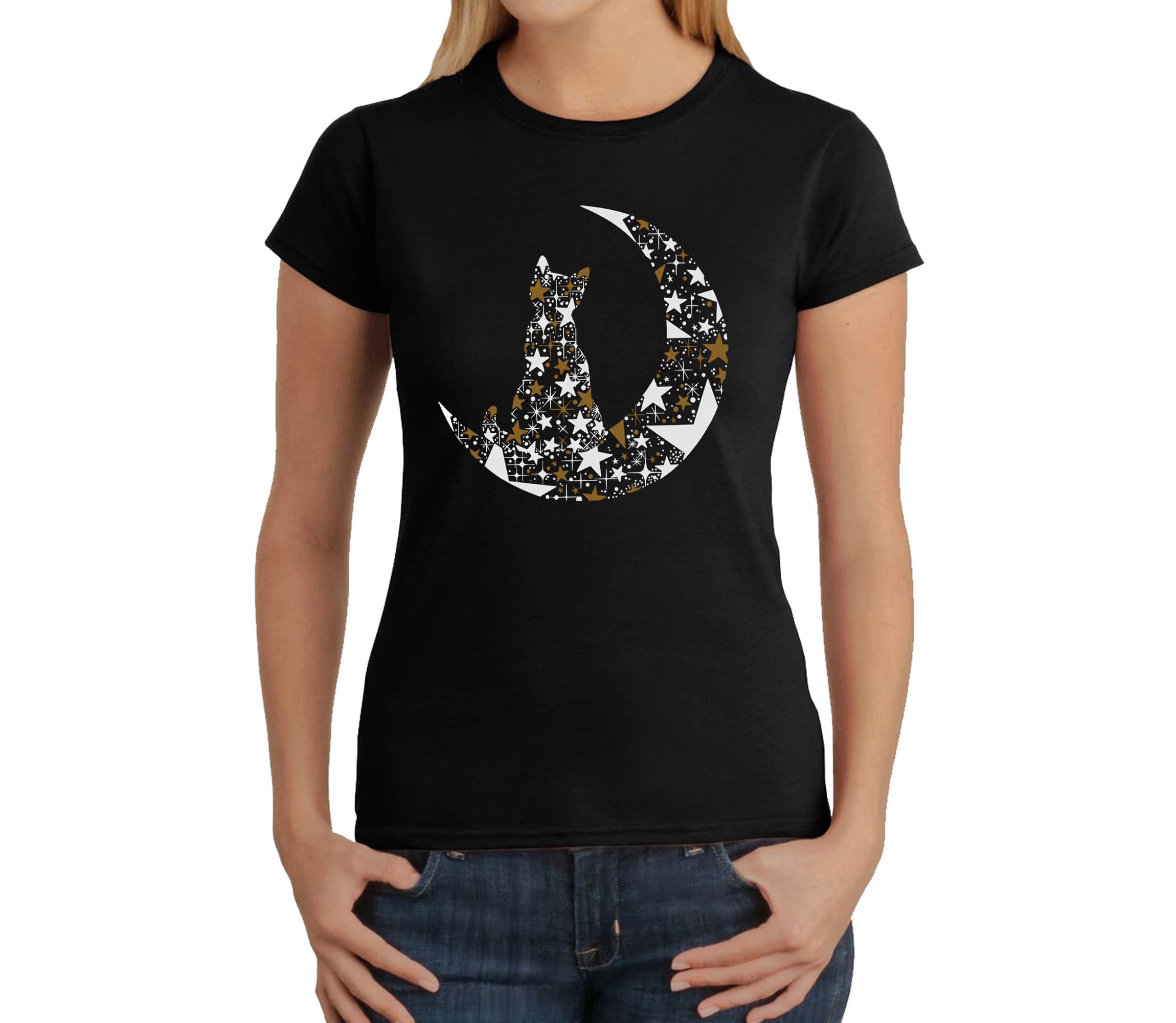 Cat Sitting On Moon - Womens Word Art T-Shirt