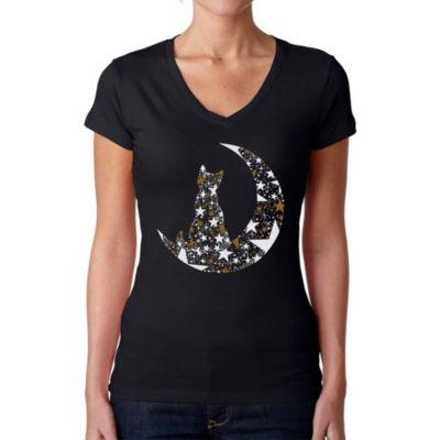 LA Pop Art Cat Sitting On Moon - Women's Word Art V-Neck T-Shirt, Black, XS
