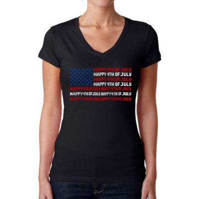 LA Pop Art Happy 4th of July - Women's Word Art V-Neck T-Shirt, Black, XS