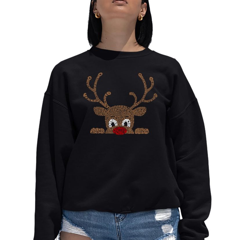 Peeking Reindeer - Womens Word Art Crewneck Sweatshirt
